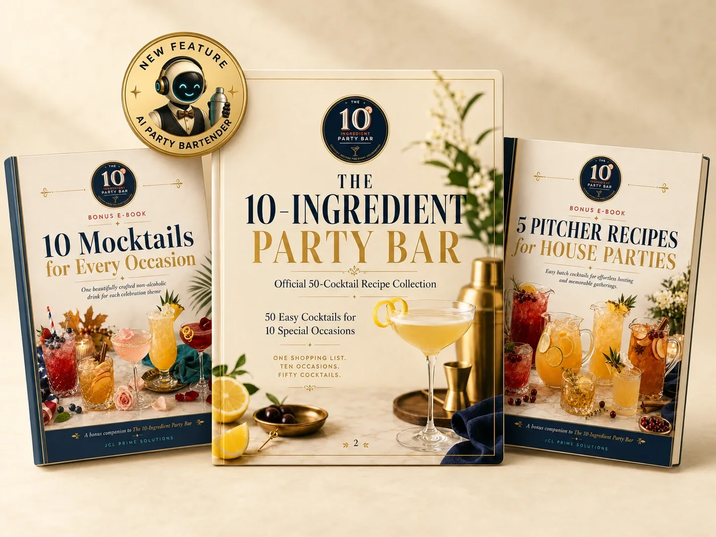 The 10-Ingredient Party Bar – Cocktail-E-Book für Gastgeber 1 The 10-Ingredient Party Bar Collection mit Hauptbuch in der Mitte, zwei Bonusebooks seitlich und AI Party Bartender Badge obe
