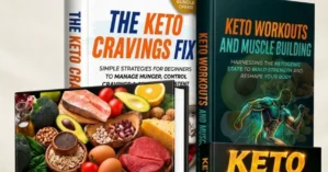 Hero-Bild: Vier Keto-E-Books mit Lebensmitteln – The Keto Cravings Fix, Keto Workouts and Muscle Building, 30-Day Keto Revolu