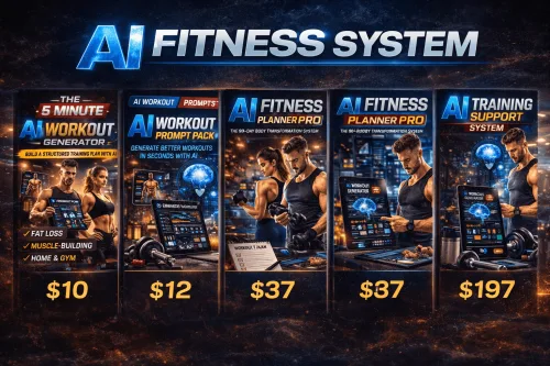 Fünf Produktboxen der AI Fitness System Produktpalette mit Preisen von 10 bis 197 Dollar und Namen wie Workout Generator, Pro