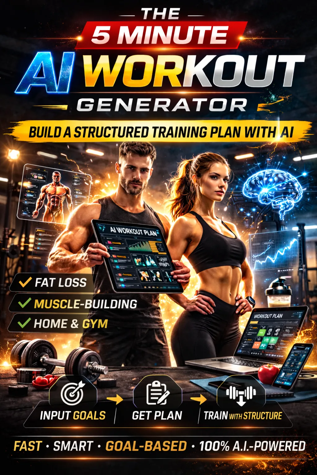 Hero-Grafik für AI Workout Generator mit zwei trainierten Personen, die ein Tablet mit Workout-Plan halten, umgeben von Fitne