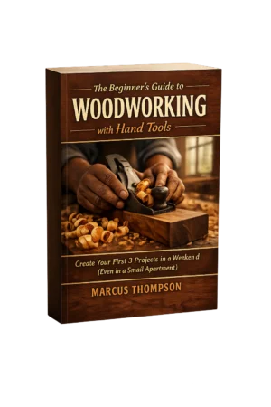 The Beginner's Guide to Woodworking with Hand Tools von Marcus Thompson, 3D-Buchcover mit Hobel und Holzspänen
