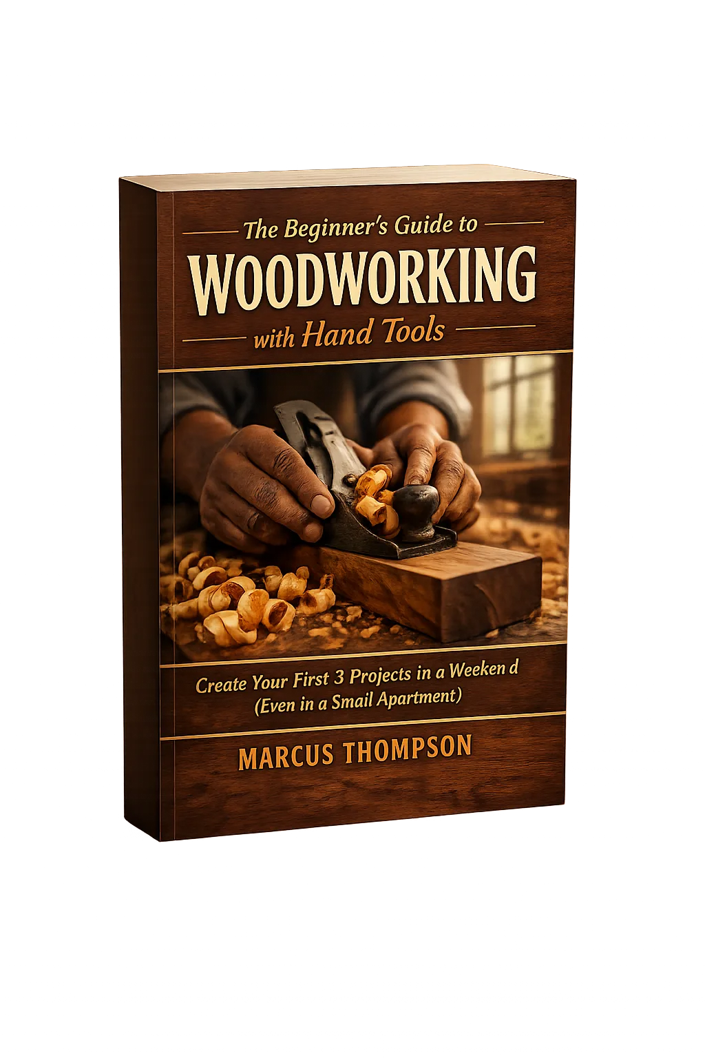 The Beginner's Guide to Woodworking with Hand Tools von Marcus Thompson, 3D-Buchcover mit Hobel und Holzspänen