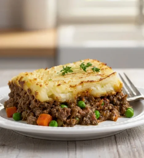 Veganes Shepherd's Pie mit Kartoffel-Haube und Hackfleisch-Gemüse-Füllung auf weißem Teller