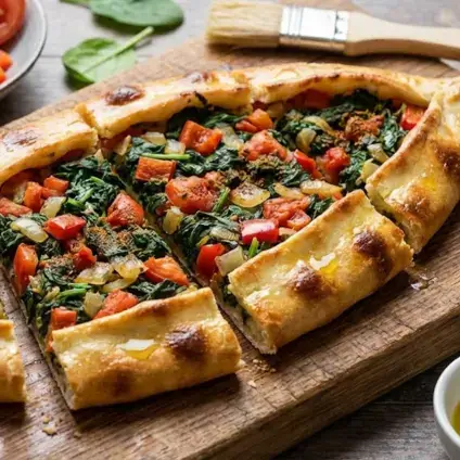 Turkish Spinach Pita mit Spinat, Tomaten und Käse auf Holzbrett