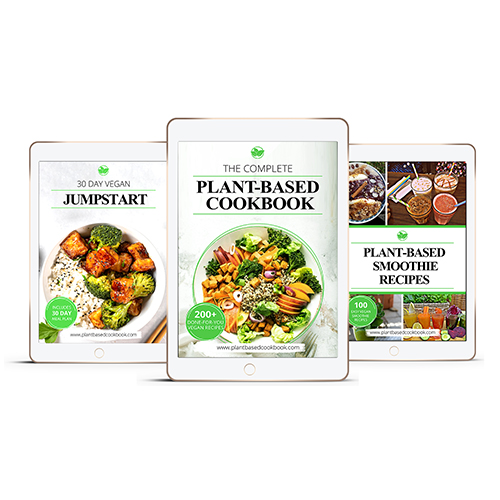 The Complete Plant-Based Cookbook Mockup mit drei E-Book Covers auf Tablet und Smartphone