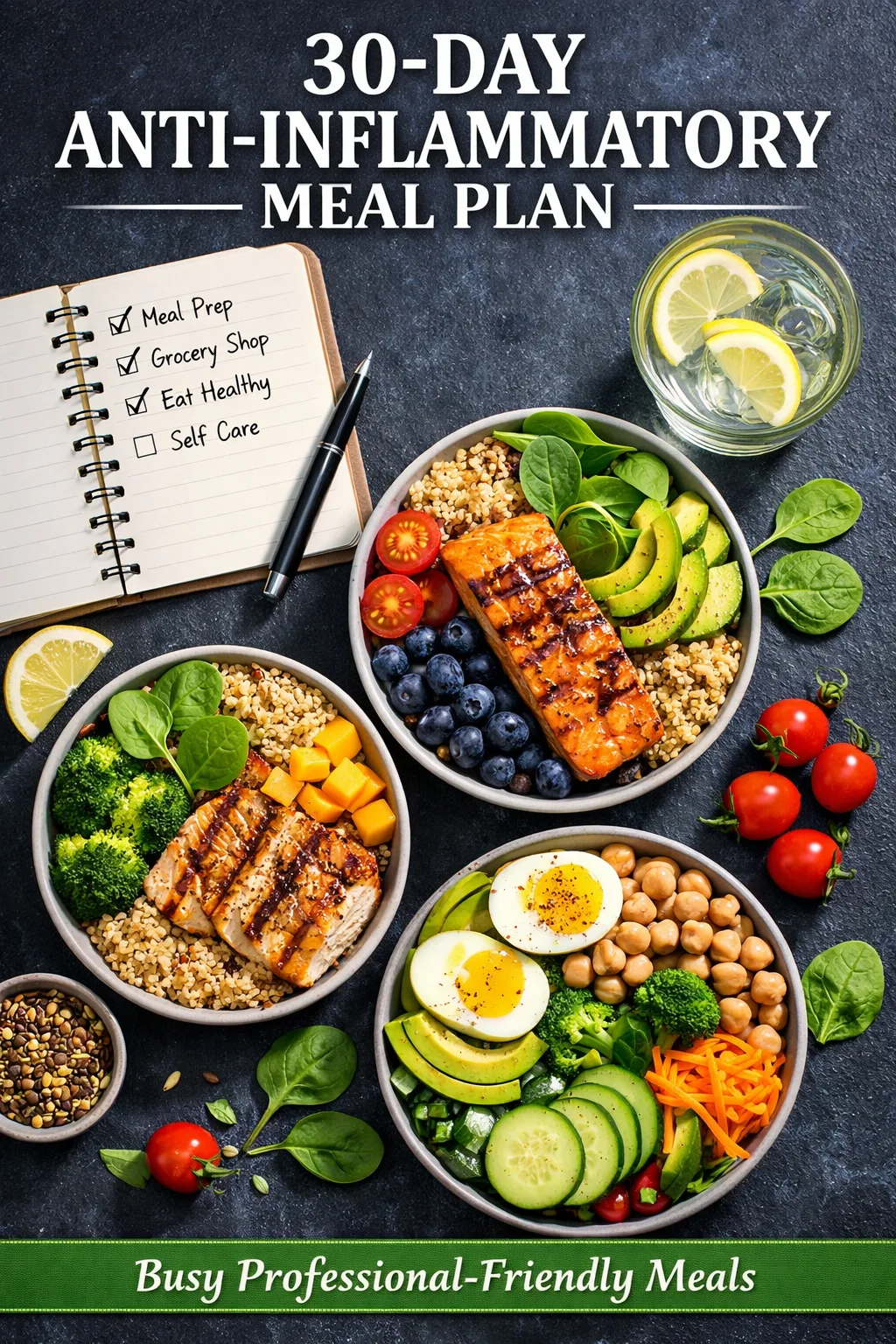 30-Tage Anti-Inflammatory Meal Plan mit Bowls, Notizbuch und gesunden Mahlzeiten auf Schieferhintergrund