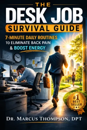 Buchcover The Desk Job Survival Guide mit Mann am Schreibtisch und Läufer im Sonnenlicht