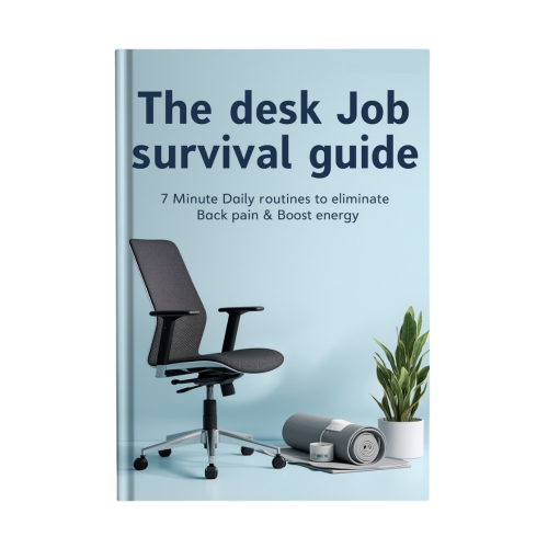 3D-Buchcover The Desk Job Survival Guide mit Bürostuhl und Pflanze auf hellblauem Hintergrund