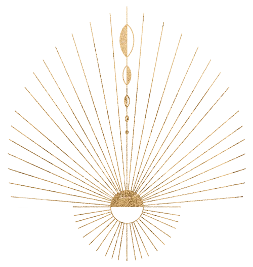 Goldenes Yoga-Symbol mit Sonne und Mala-Perlen Linienzeichnung