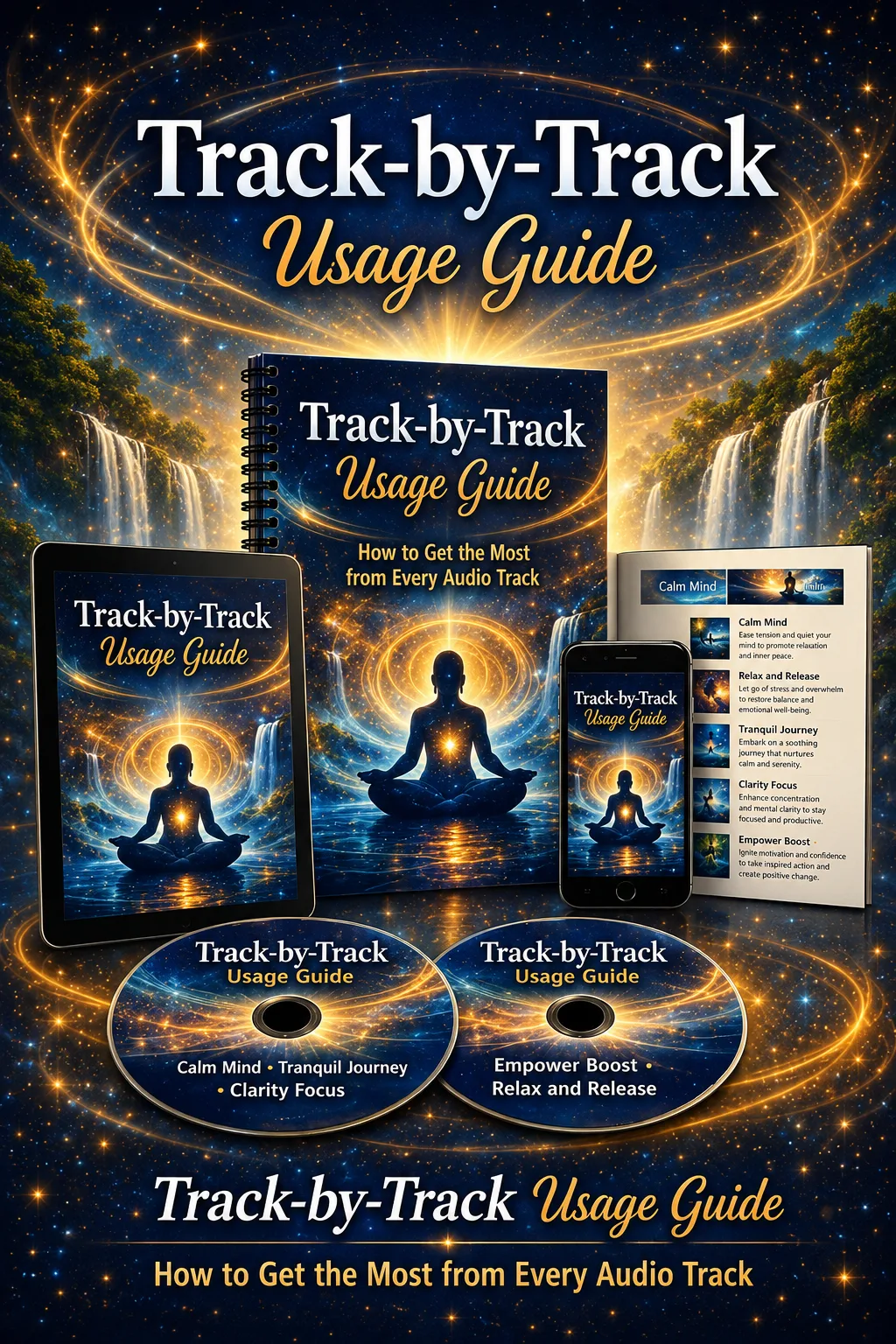 Track-by-Track Usage Guide Mockup mit Tablet, Smartphone, Spiralbuch und DVDs