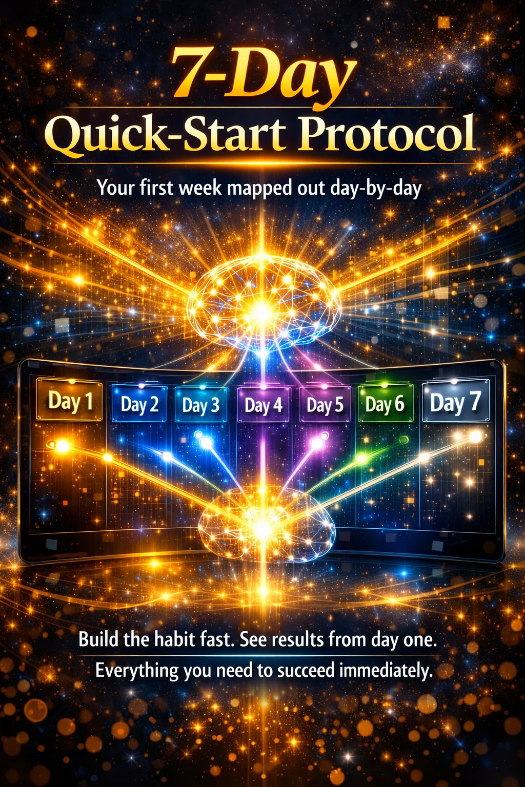 7-Day Quick-Start Protocol Anleitung mit Tablet-Mockup showing sieben farbige Tages-Module und leuchtender Gehirn-Grafik