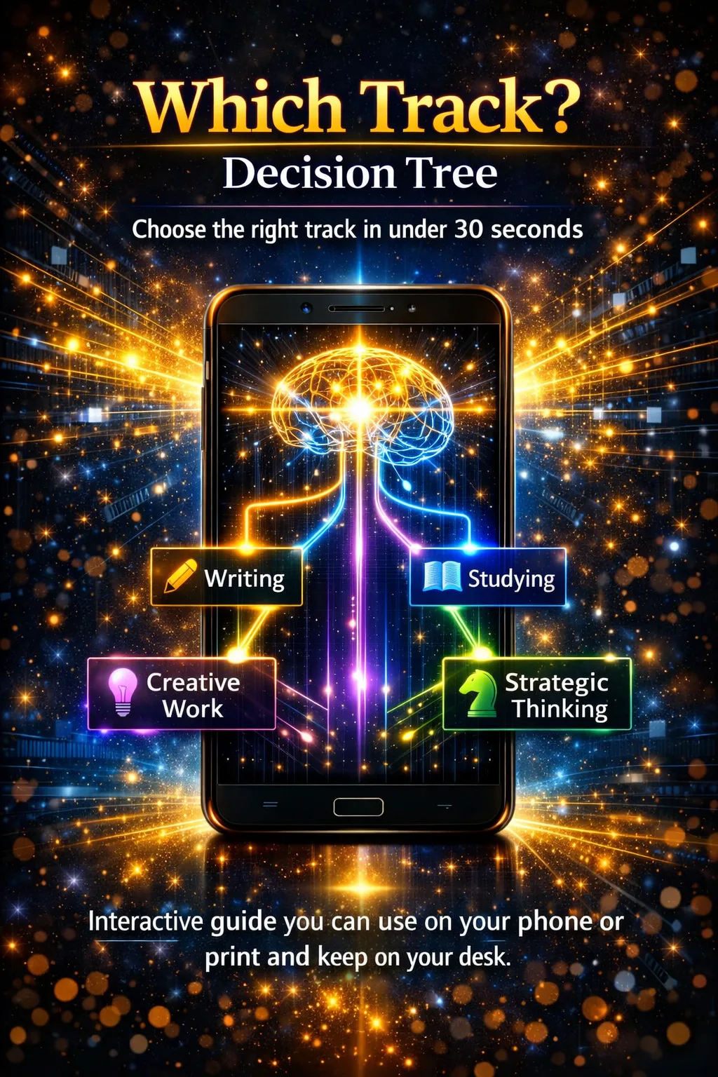 Which Track Decision Tree interaktive Anleitung auf Smartphone mit vier farblich markierten Auswahloptionen