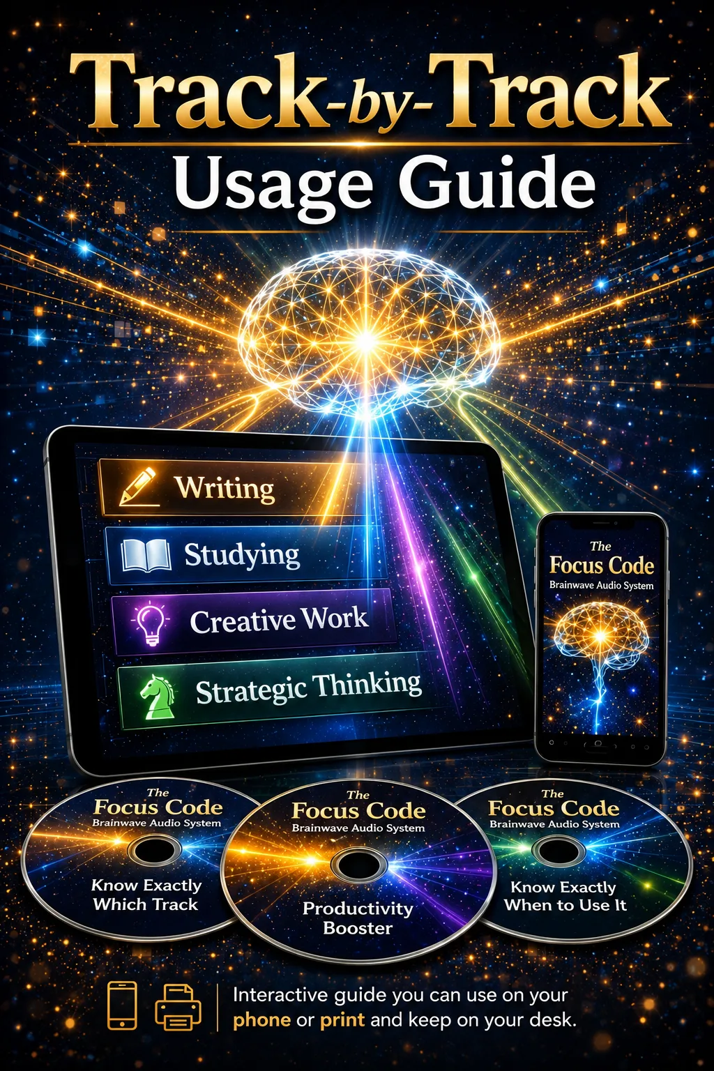 Track-by-Track Usage Guide Anleitung mit Tablet-Mockup und vier farbigen Kategorien für verschiedene Anwendungen