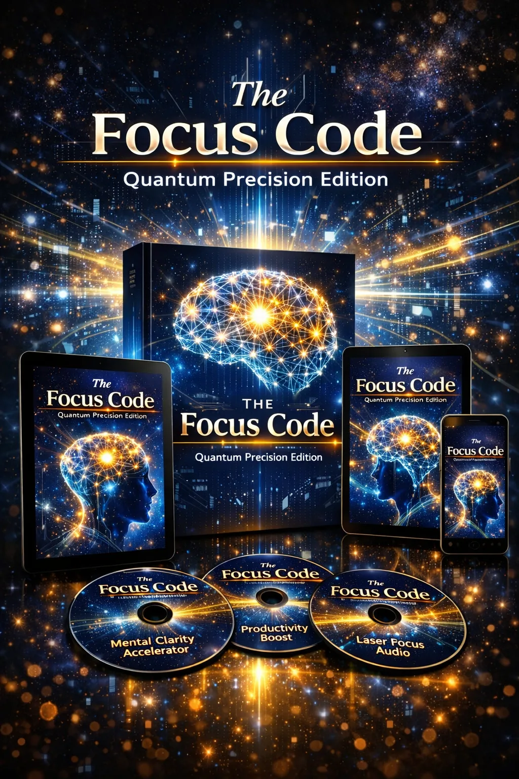 The Focus Code Quantum Precision Edition Produktabbildung mit mehreren Geräten, leuchtender Gehirn-Grafik und drei Audio-CDs