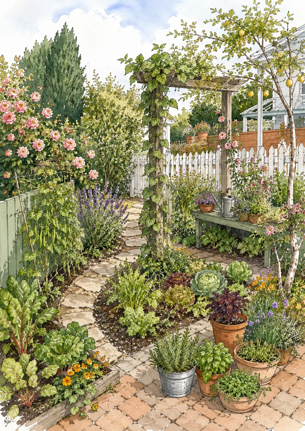 Illustrierte Gartenszene mit Hochbeet, Pergola und gemischten Gemüse- und Blütenpflanzen