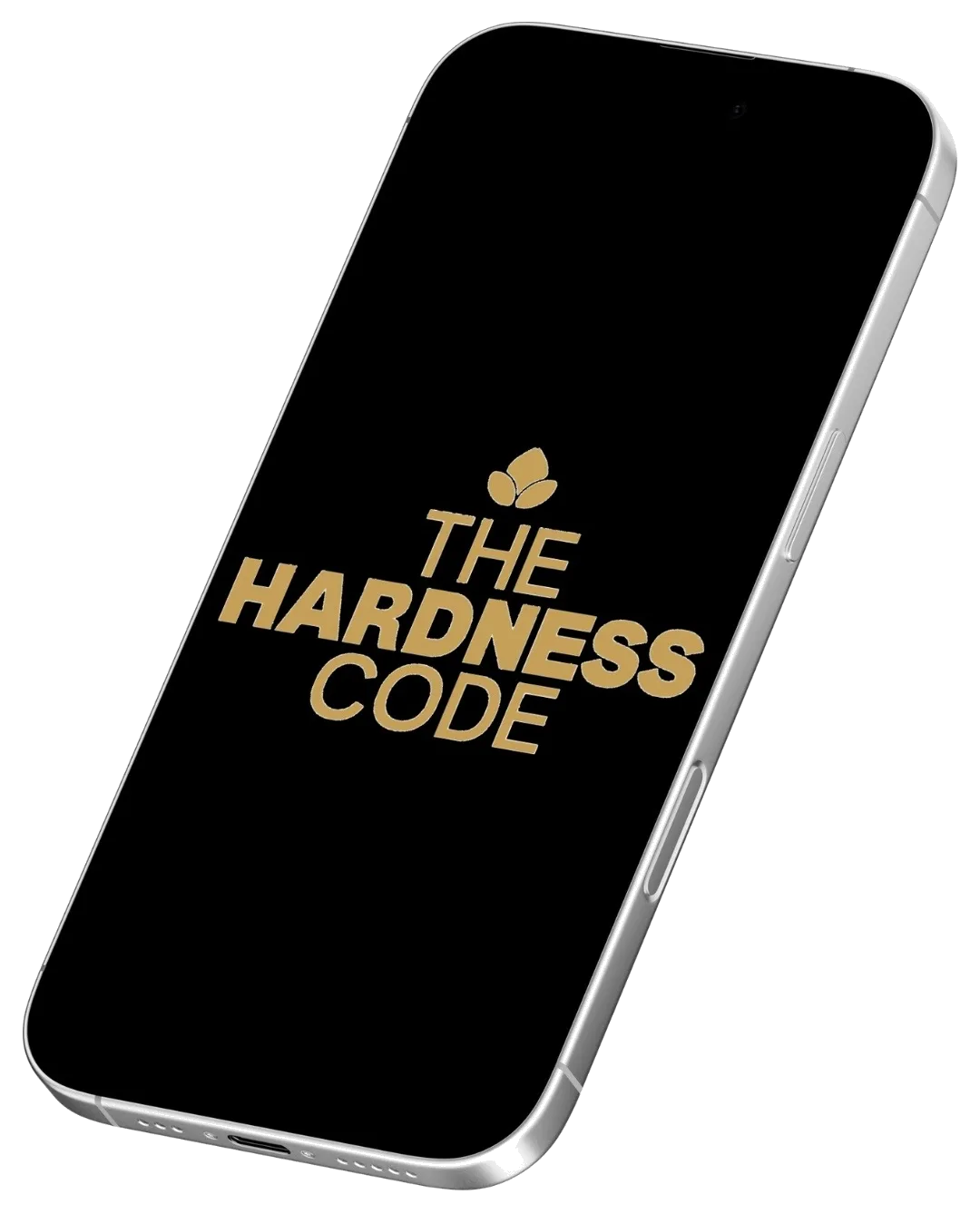 Smartphone-Mockup mit The Hardness Code Logo auf schwarzem Display