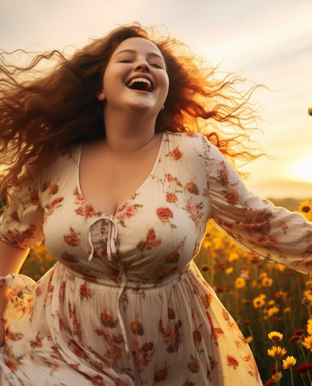 The Healed Soul – E-Book über Manifestation 6 Lachende Frau mit rötlichen Haaren in Blumenkleid auf Sonnenblumenfeld