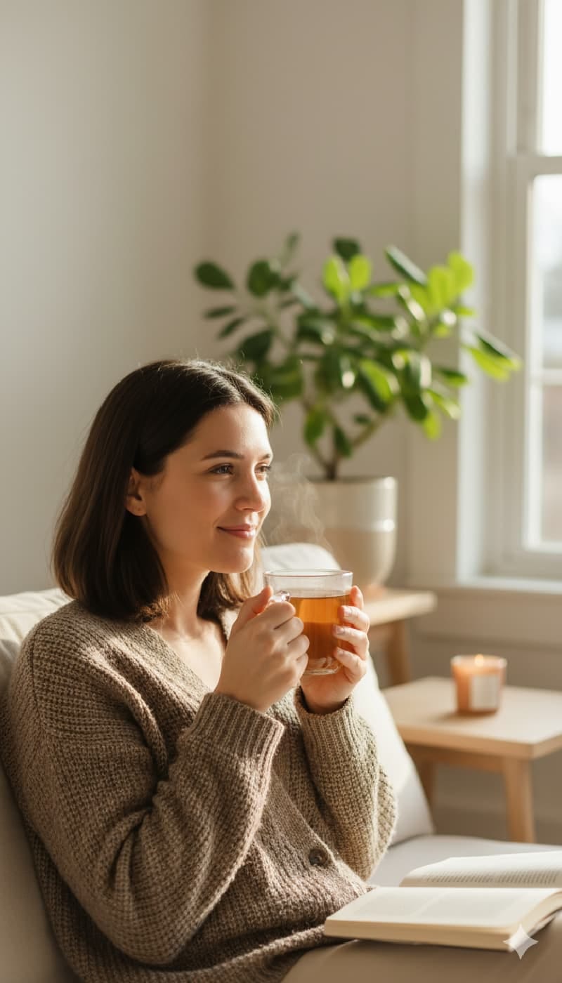 Frau mit Tasse Kräutertee am Fenster mit Pflanze und Buch