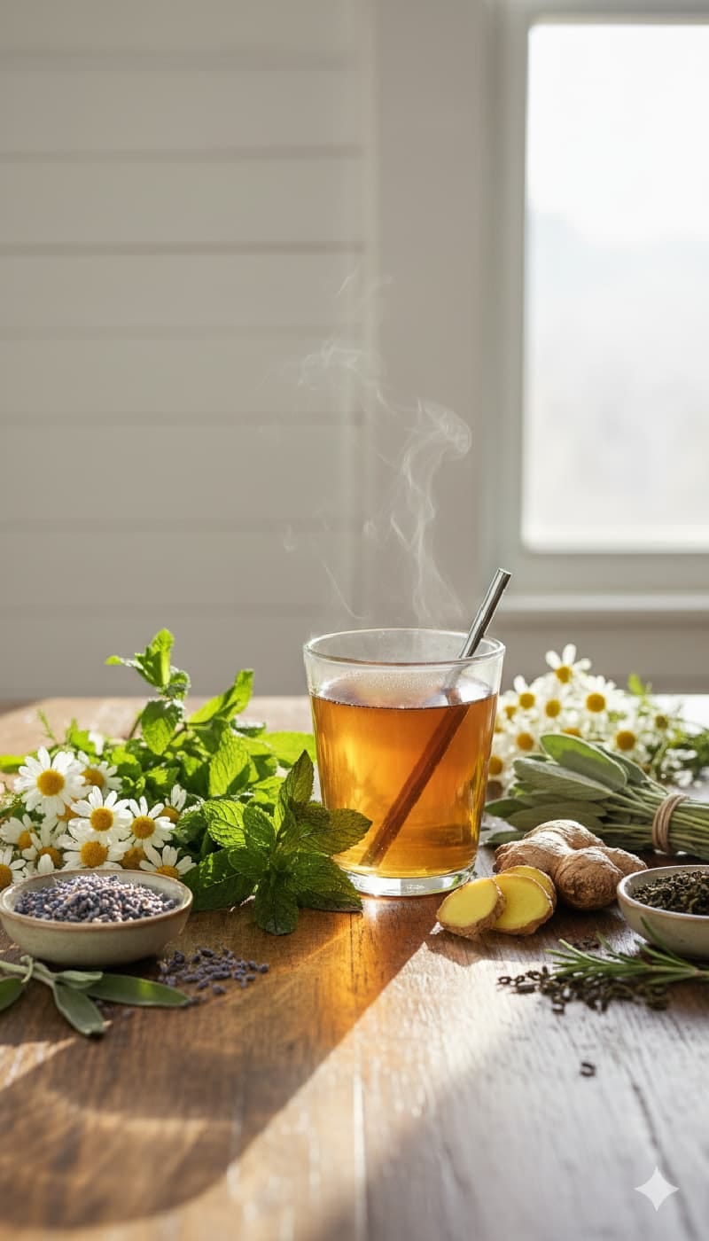 Steaming herbal tea with fresh mint, chamomile flowers, ginger and medicinal herbs on wooden table
