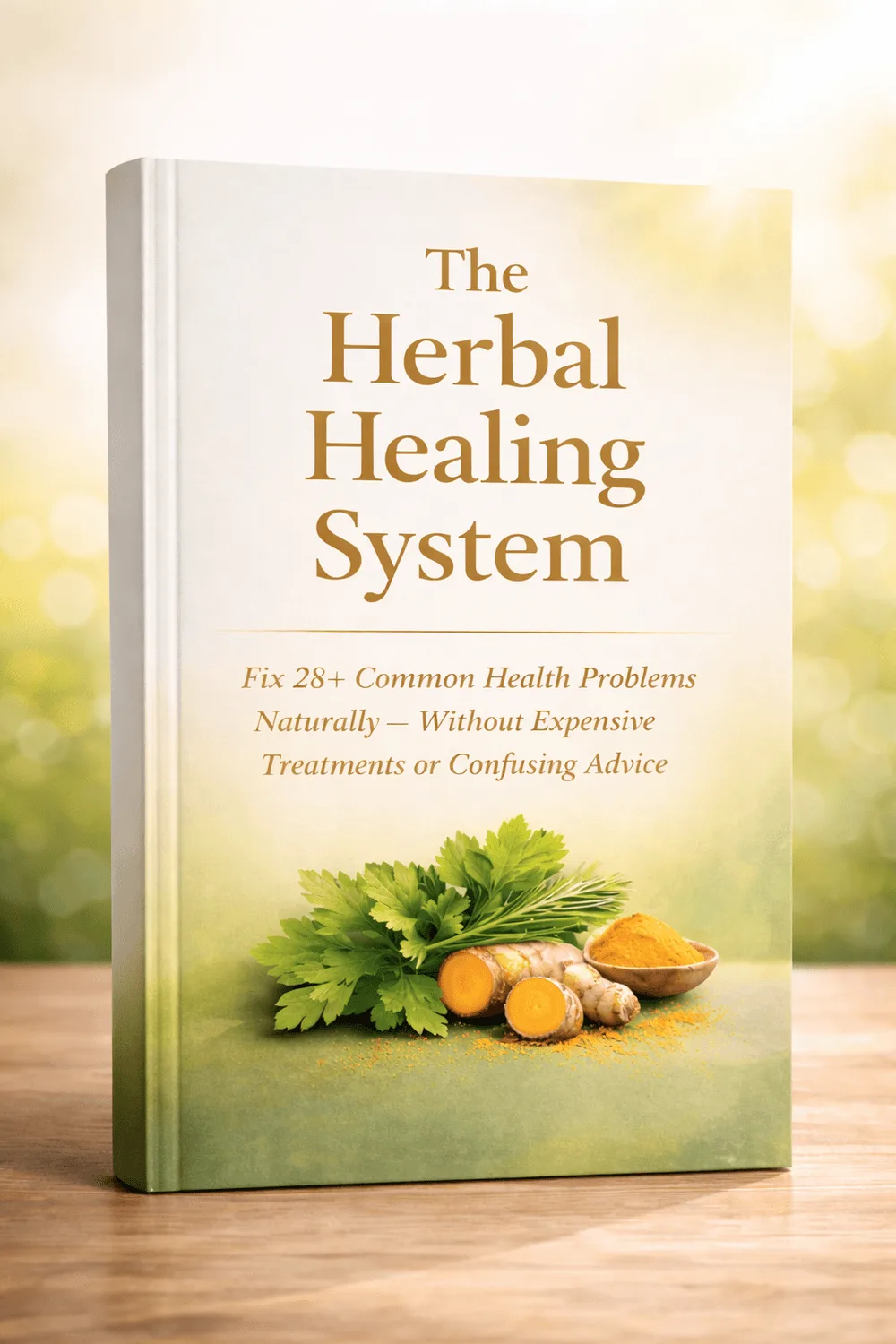 The Herbal Healing System E-Book Cover mit Kräutern und Ingwer