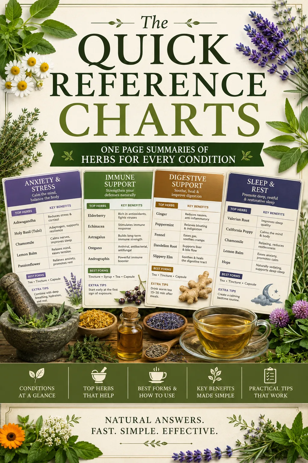 The Quick Reference Charts Poster mit vier Kräuter-Kategorien und Anwendungstipps