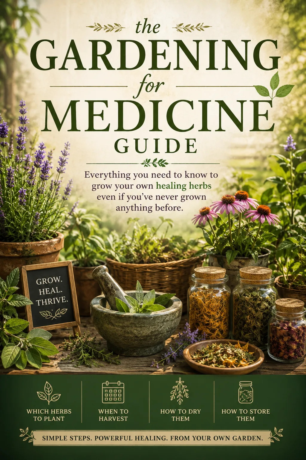 The Gardening for Medicine Guide Buchcover mit Kräutern, Mörser und Gläsern im Garten