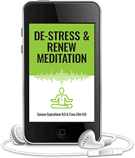 De-Stress & Renew Meditation Audiobuch auf Smartphone mit Yoga-Symbol