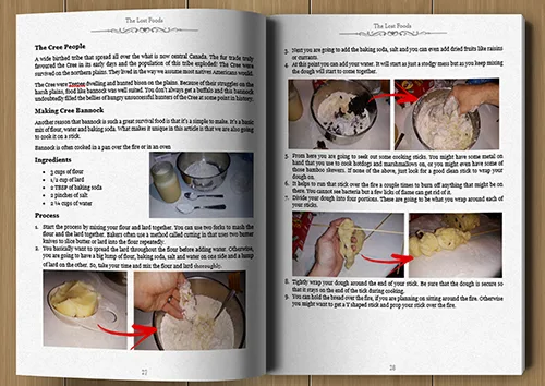 Aufgeschlagenes Buch mit Text und Kochfotos nebeneinander