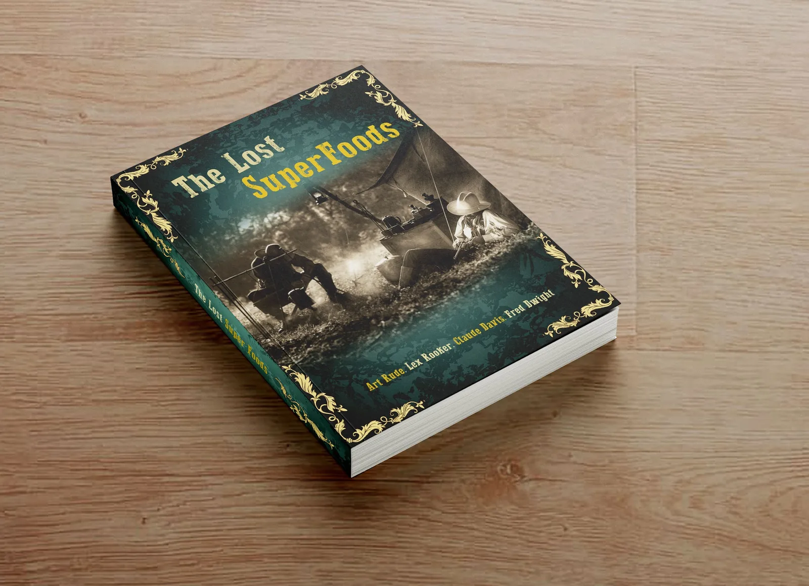 The Lost SuperFoods Buch mit grünem Leineneinband und goldener Verzierung auf Holzoberfläche