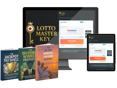 Produktbundle The Lotto Master Key mit Büchern und Software-Mockups auf Bildschirmen