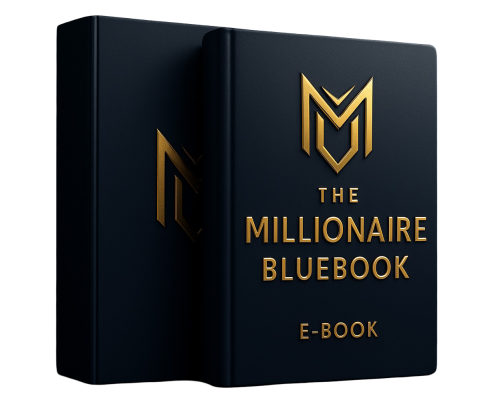 The Millionaire Blueprint E-Book Cover mit goldenem M-Logo und Beschriftung auf dunkelblauem Design