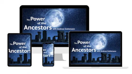 Responsives Mockup The Power of the Ancestors Kurs auf Tablet, Smartphone, Laptop und Desktop