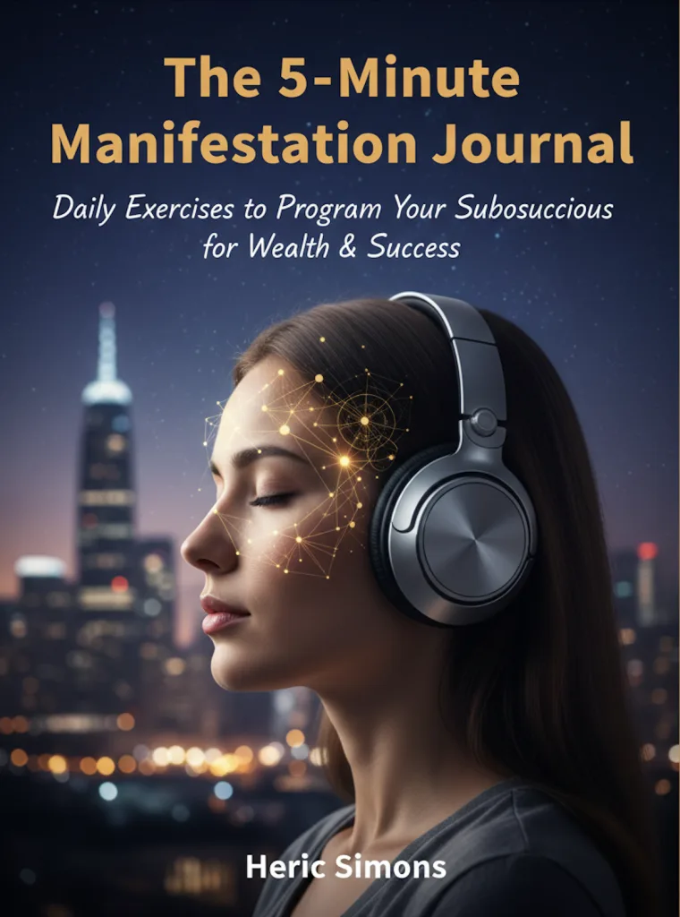 Buchcover The 5-Minute Manifestation Journal mit Frau mit Kopfhörern vor nächtlicher Skyline und leuchtenden Gehirnmustern