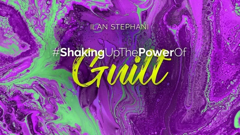 The Shaking Collection Galerie-Slide mit #ShakingUpThePowerOfGuilt Text auf violett-grünem abstraktem Hintergrund