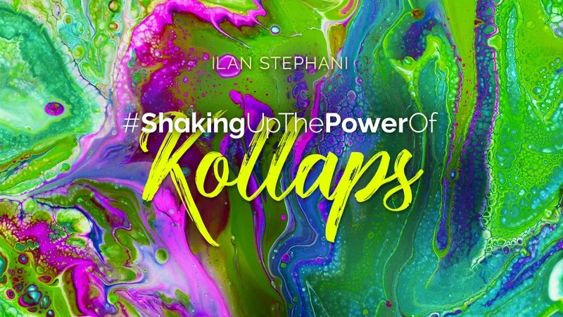 Shaking Collection Galeriebild mit Thema Kollaps in Neon-Gelb auf grünem und magenta Flüssig-Marmor-Hintergrund