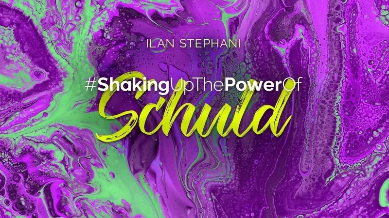 Shaking Collection Galeriebild mit Thema Schuld in gelbem Neon auf magentanem und grünem Flüssig-Marmor-Hintergrund