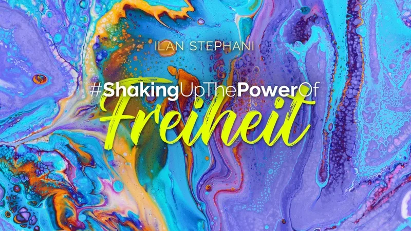 Shaking Collection Galeriebild mit Thema Freiheit in gelbem Neon auf blauem und magentanem Flüssig-Marmor-Hintergrund