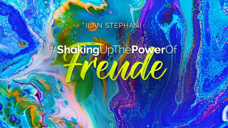 Shaking Collection Galeriebild mit Thema Freude in gelbem Neon auf blauem Flüssig-Marmor-Hintergrund
