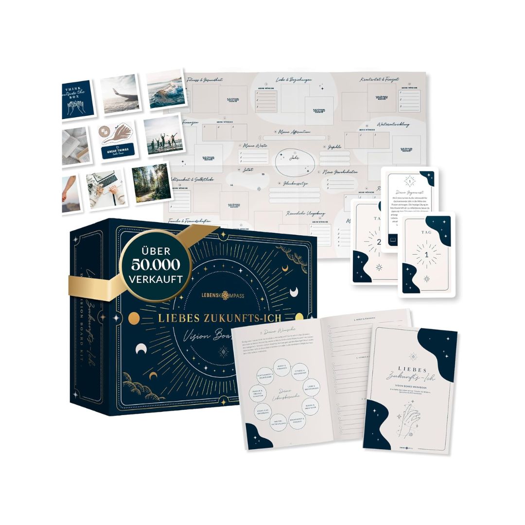 The Shine Vision Board System – Videokurs zur Manifestation 7 Komplettes Vision Board Set mit Box, Workbooks, Fotos, Karten und Planungsmaterialien von oben
