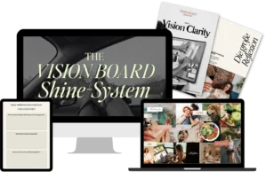 Produktmockup des Vision Board Shine Systems mit Laptop, Tablet, Workbooks und Kursmaterialien
