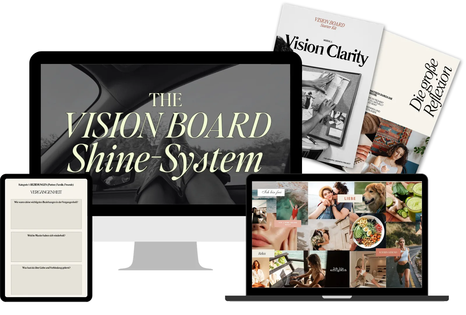 The Shine Vision Board System – Videokurs zur Manifestation 1 Produktmockup des Vision Board Shine Systems mit Laptop, Tablet, Workbooks und Kursmaterialien