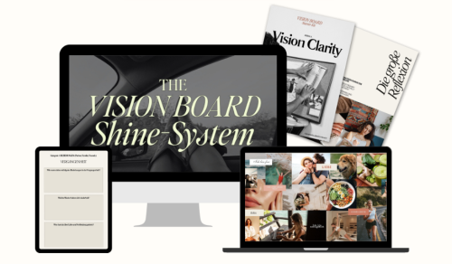 The Shine Vision Board System – Videokurs zur Manifestation 4 Vision Board Starter Kit Produktmockup mit Tablet, Smartphone und gedruckten Workbooks