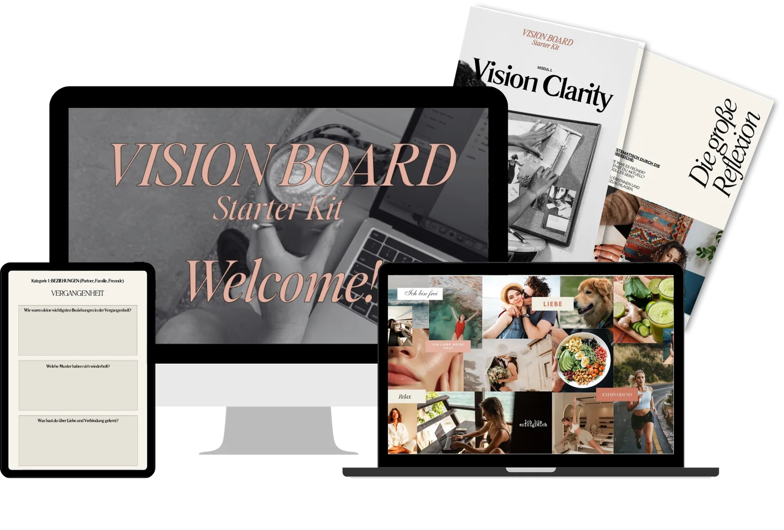 The Shine Vision Board System – Videokurs zur Manifestation 2 Mockup des Vision Board Starter Kits mit Tablet, Smartphone, Workbook und gedruckten Materialien
