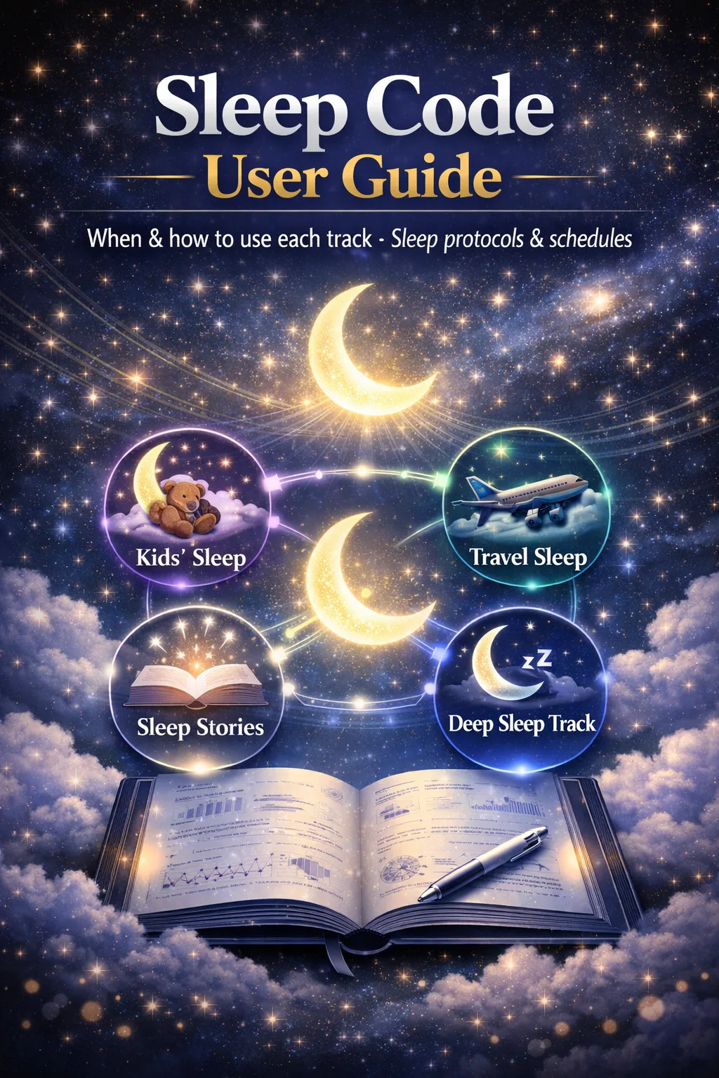 Sleep Code User Guide mit aufgeschlagenem Buch, vier leuchtenden Kreisen für Kids Sleep, Travel Sleep, Sleep Stories und Deep