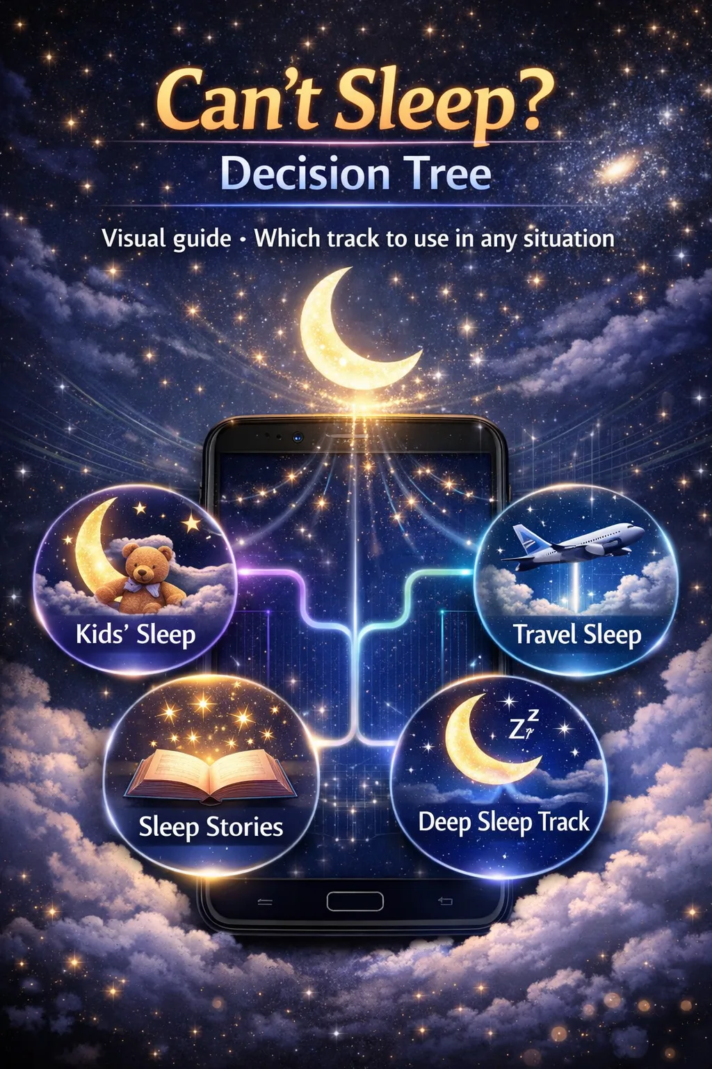 Decision Tree Grafik mit Smartphone in der Mitte, vier leuchtenden Kreisen für Kids Sleep, Travel Sleep, Sleep Stories und De