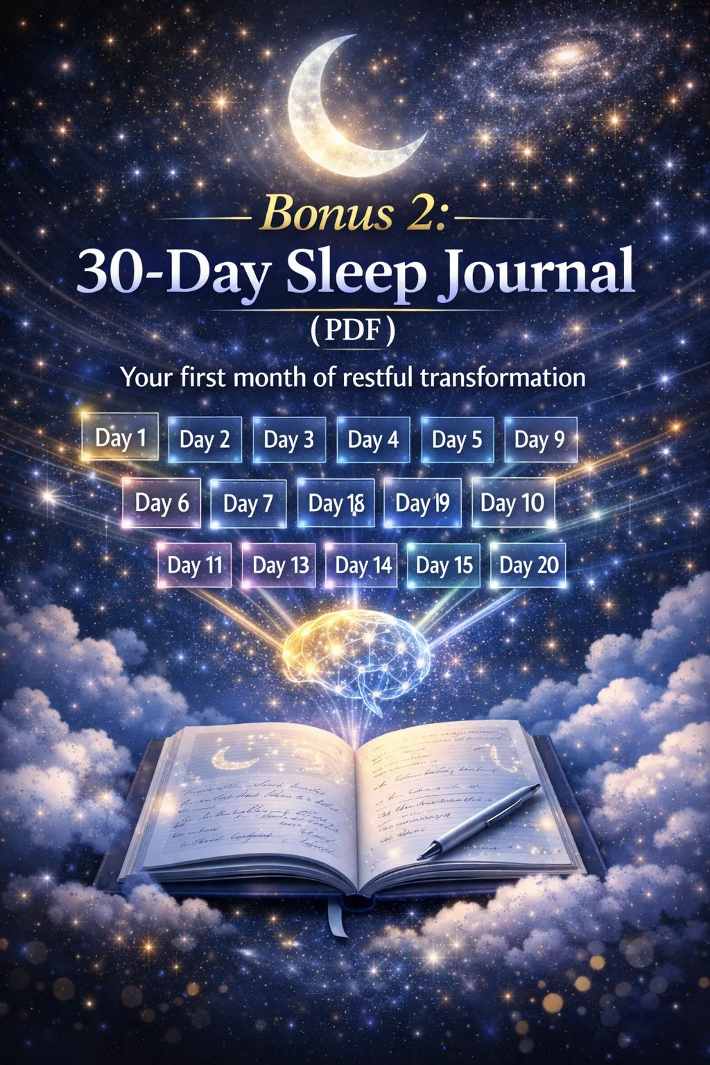 30-Tage Sleep Journal Bonus mit aufgeschlagenem Buch, leuchtenden Gehirn-Symbol und 15 beschrifteten Tagen (Day 1-20)