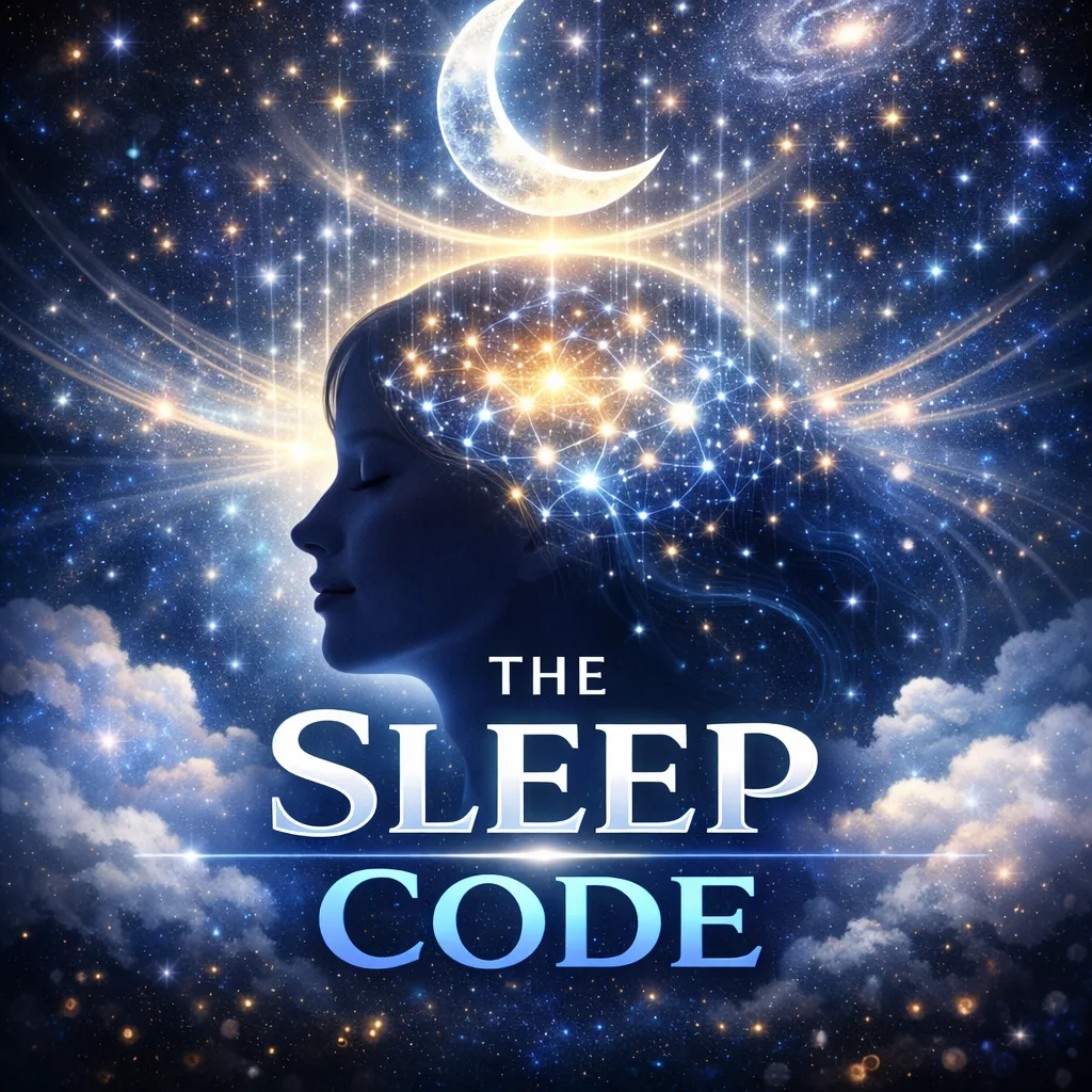 The Sleep Code Hero-Grafik mit leuchtender Mondsichel und menschlichem Kopfprofil, dessen Gehirn durch Sterne und Lichter dar
