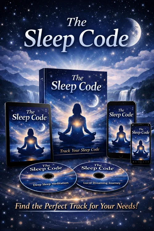 The Sleep Code Produktmockup mit Buch, Tablet, Smartphone und CDs unter Mondsichel in nächtlicher Landschaft
