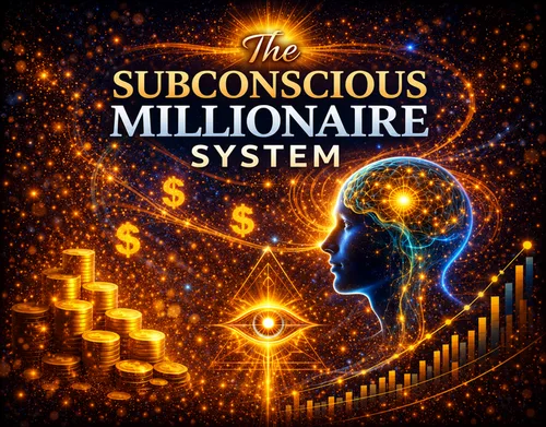 The Subconscious Millionaire System – Audio-Kurs für Geld-Mindset 3 The Subconscious Millionaire System Thumbnail mit goldenem Kopf, Gehirn, Münzen, spirituellem Auge und Balkendiagramm