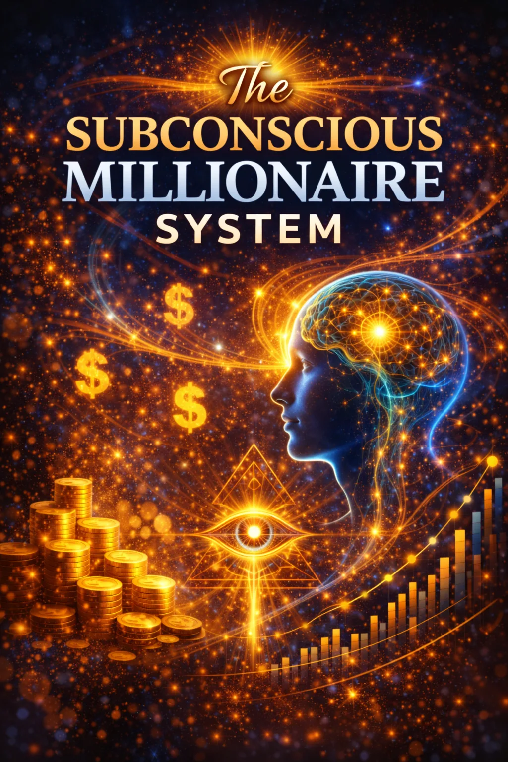The Subconscious Millionaire System – Audio-Kurs für Geld-Mindset 1 The Subconscious Millionaire System Cover mit leuchtendem Kopf, Gehirn, Dollarzeichen, Auge und Wachstumschart